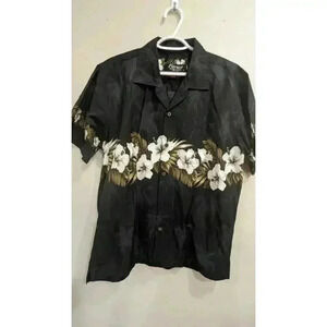 Men's black floral printed Hawaiian style shirt by Favant size Large 100% Cotton